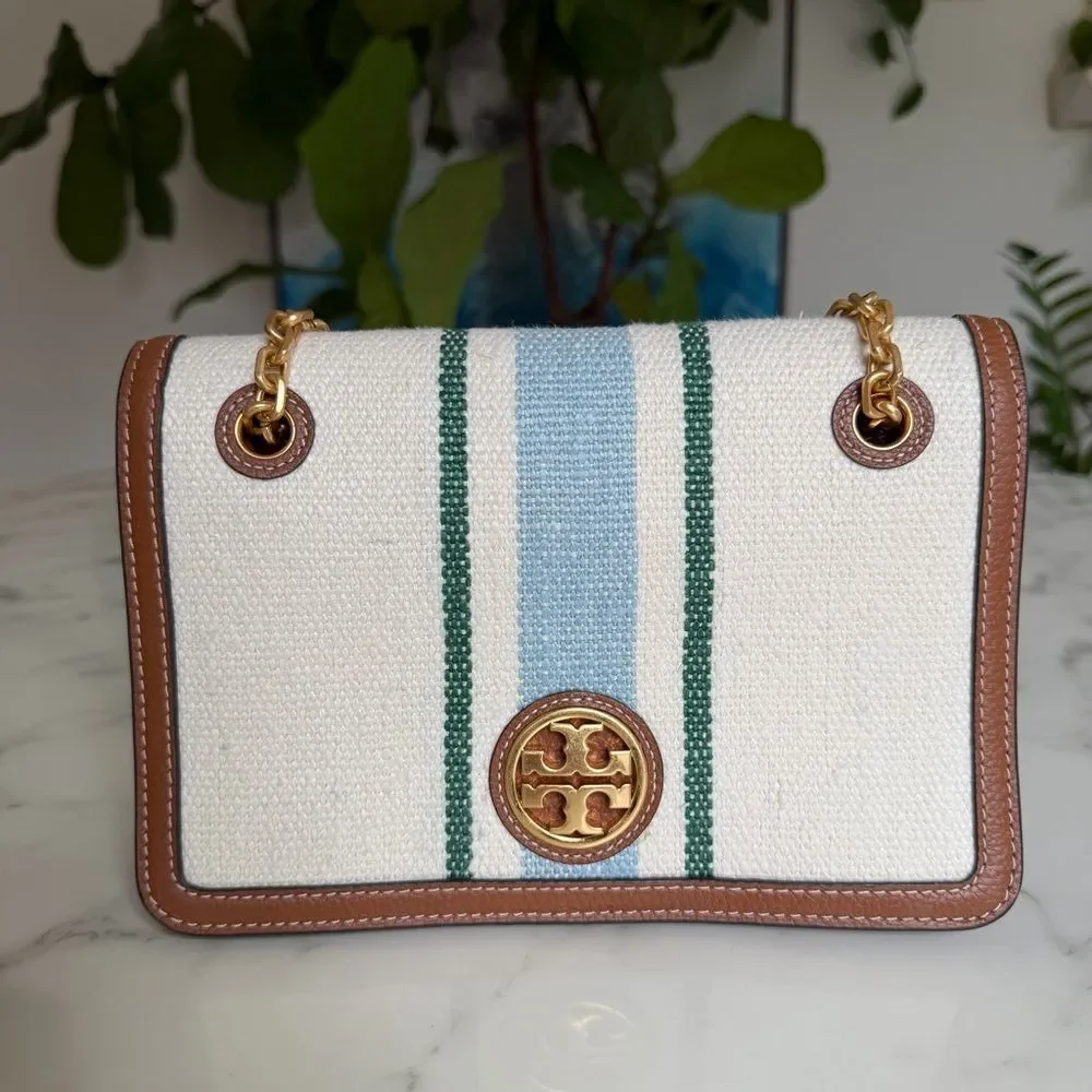 Tory Burch Carson Striped Convertible Shoulder Crossbody Bag Cream Linen Leather